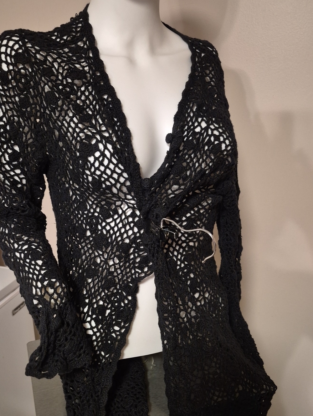 Milano Black Crochet V-Neck Cardigan Sweater
